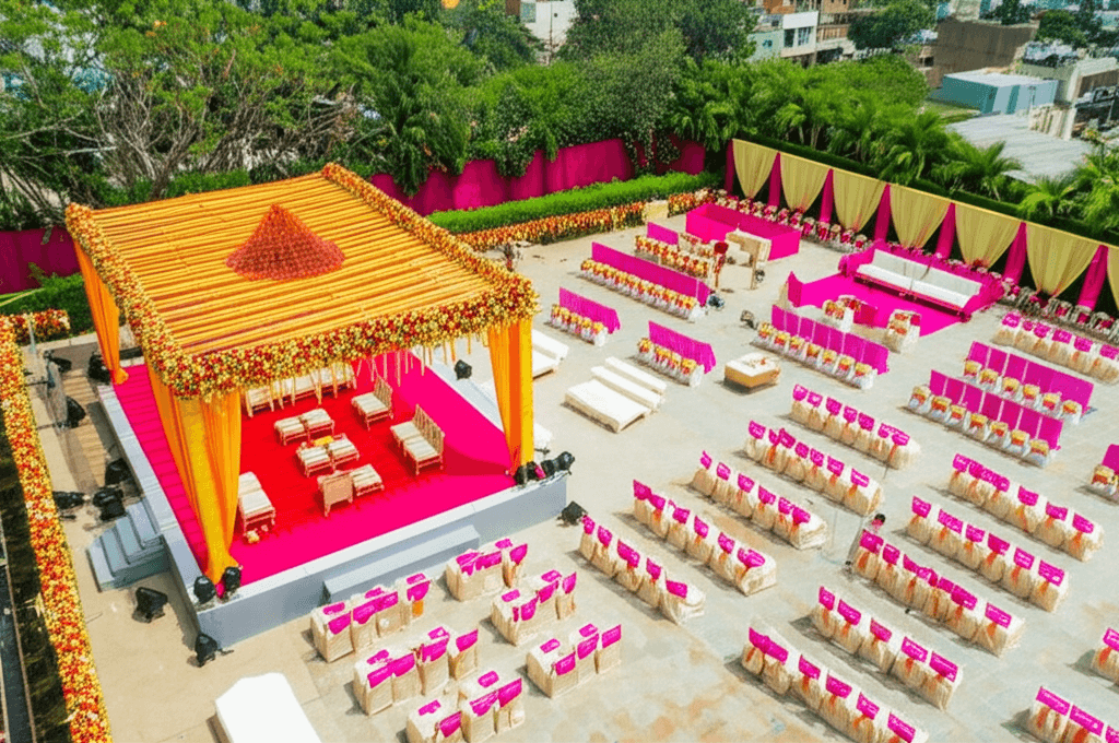 Aerial drone photography of a wedding venue in Chennai