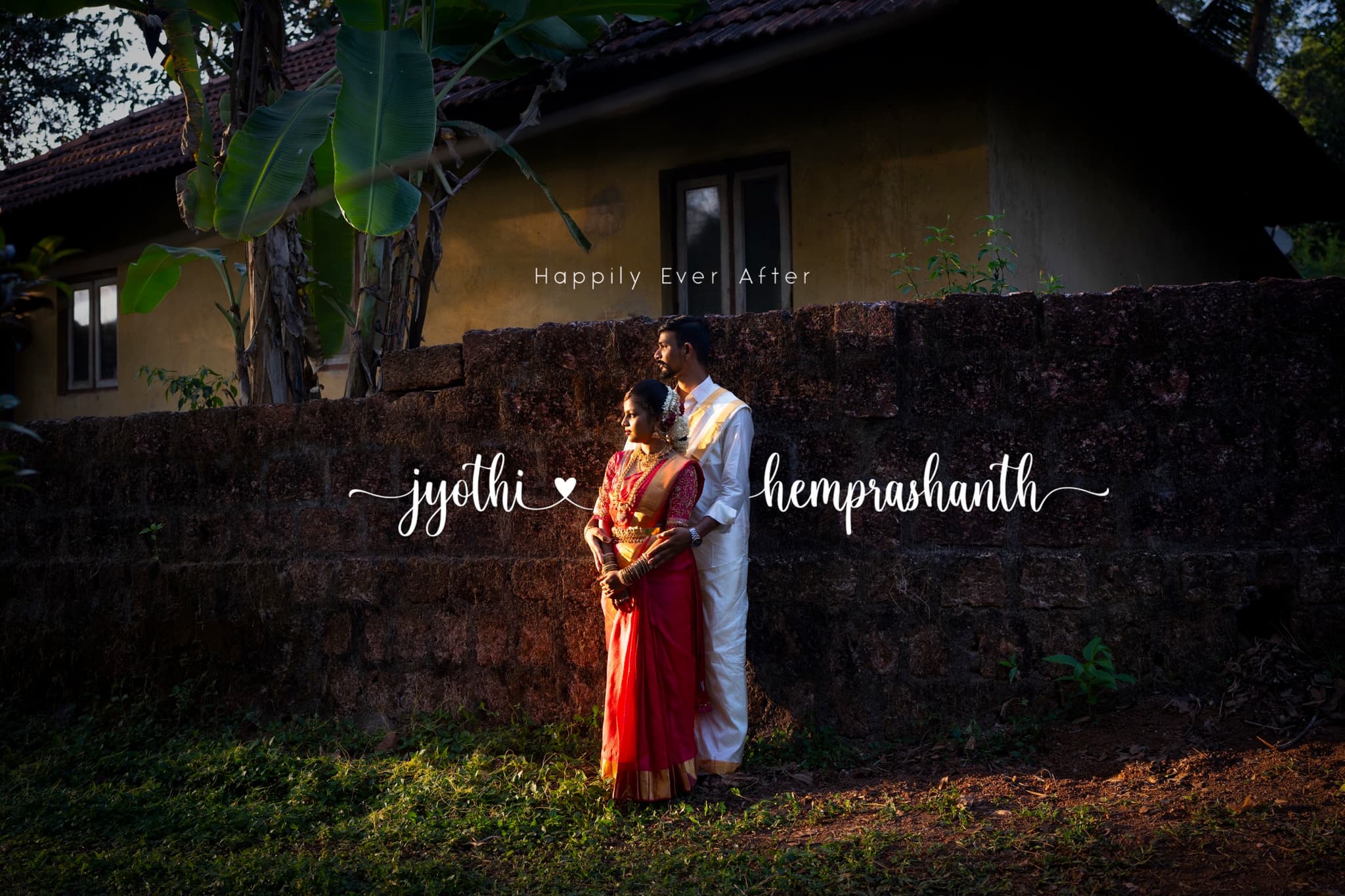 South Indian wedding couple in traditional attire during golden hour